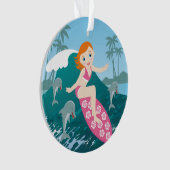 Meisje surft big wave met dolfijnen ornament (voorkant)