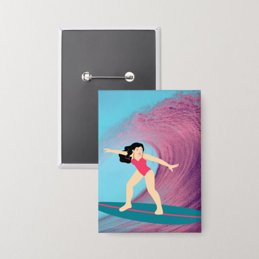 Meisje surft bij zonsondergang. button (Voorkant / Achterkant)