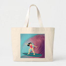Meisje surft bij zonsondergang. grote tote bag