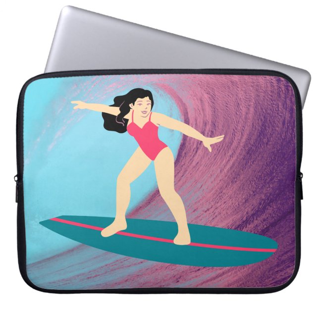 Meisje surft bij zonsondergang. laptop sleeve (Voorkant)
