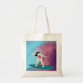 Meisje surft bij zonsondergang. tote bag