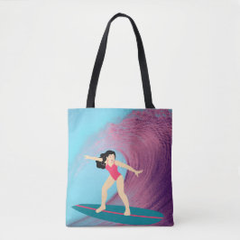 Meisje surft bij zonsondergang. tote bag