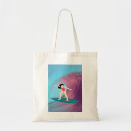 Meisje surft bij zonsondergang. tote bag