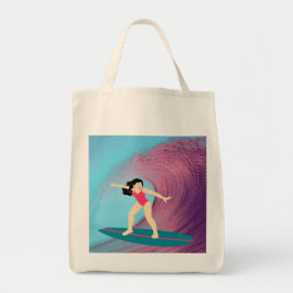 Meisje surft bij zonsondergang. tote bag