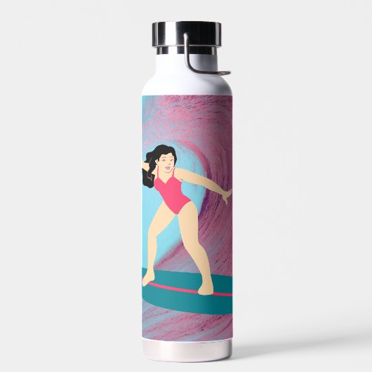 Meisje surft bij zonsondergang. waterfles (Links)