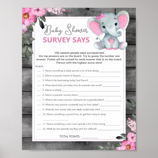 Meisje Survey zegt Baby shower spel roze olifant Poster (Voorkant)