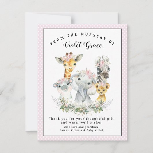 Meisje Sweet Safari Baby shower dank u kaarten (Voorkant)