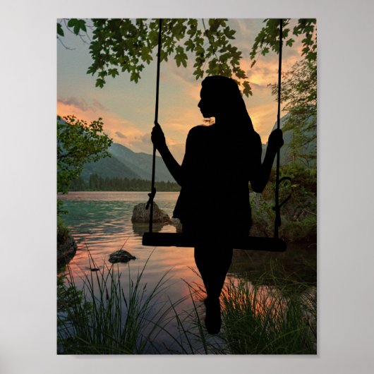 Meisje Swinging Silhouette Lake Zomer Zonsondergan Poster (Voorkant)