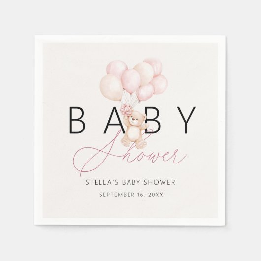 Meisje Teddy Bear Ballonnen Baby shower Papier Servet (Voorkant)