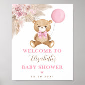 Meisje Teddy Bear Boho Roze Bloemen Pampas Welkom Poster (Voorkant)