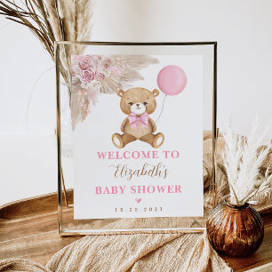 Meisje Teddy Bear Boho Roze Bloemen Pampas Welkom Poster