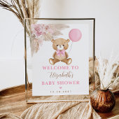 Meisje Teddy Bear Boho Roze Bloemen Pampas Welkom Poster