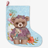  meisje Teddy Bear met pop op blauw Grote Kerstsok (Voorkant)