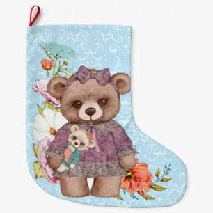  meisje Teddy Bear met pop op blauw Grote Kerstsok