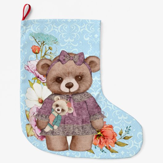  meisje Teddy Bear met pop op blauw Grote Kerstsok (Voorkant)