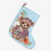  meisje Teddy Bear met pop op blauw Grote Kerstsok (Voorkant (Hangend))