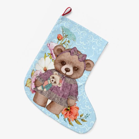  meisje Teddy Bear met pop op blauw Grote Kerstsok (Voorkant (Hangend))