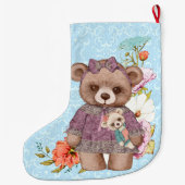  meisje Teddy Bear met pop op blauw Grote Kerstsok (Achterkant)