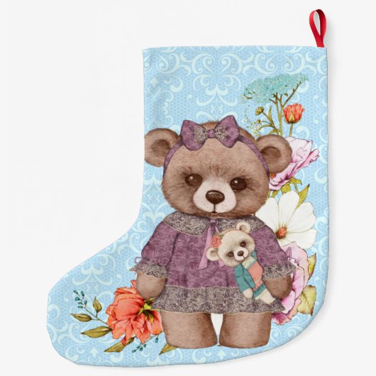  meisje Teddy Bear met pop op blauw Grote Kerstsok (Achterkant)