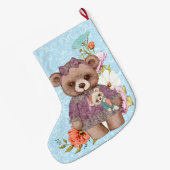  meisje Teddy Bear met pop op blauw Grote Kerstsok (Achterkant (Hangend))