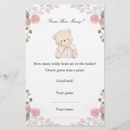 Meisje Teddy Bear Raad hoeveel Baby shower spel (Voorkant)