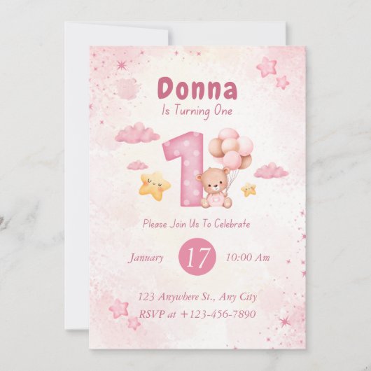 Meisje Teddy Bear Roze 1e verjaardag Kaart (Voorkant)