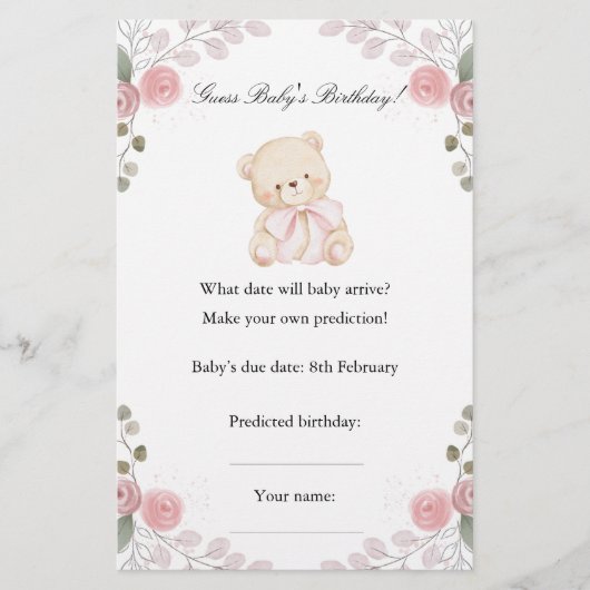 Meisje Teddy Bear Verjaardag Guess Baby shower Spe (Voorkant)