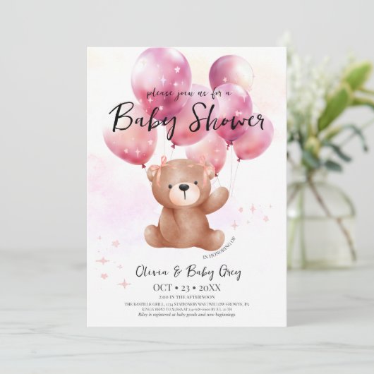 Meisje Teddy Beer Baby Shower Kaart (Staand voorkant)