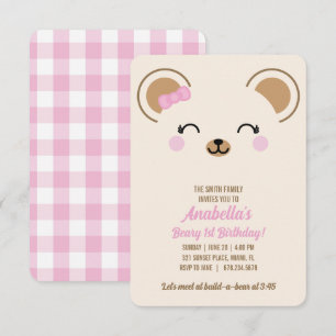 Meisje Teddy Beer Verjaardagsfeest Evite of Print Kaart