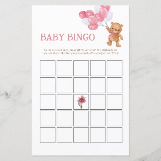 Meisje Teddybeer Baby Bingo Spelkaart (Voorkant)