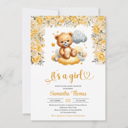 Meisje teddybeer gele bloemen meisje baby shower kaart (Voorkant)