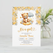 Meisje teddybeer gele bloemen meisje baby shower kaart (Staand voorkant)