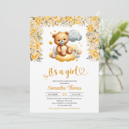 Meisje teddybeer gele bloemen meisje baby shower kaart (Staand voorkant)