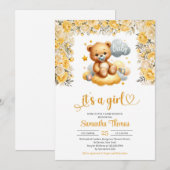 Meisje teddybeer gele bloemen meisje baby shower kaart (Voorkant / Achterkant)