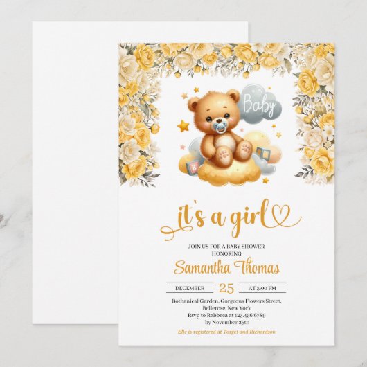 Meisje teddybeer gele bloemen meisje baby shower kaart (Voorkant / Achterkant)