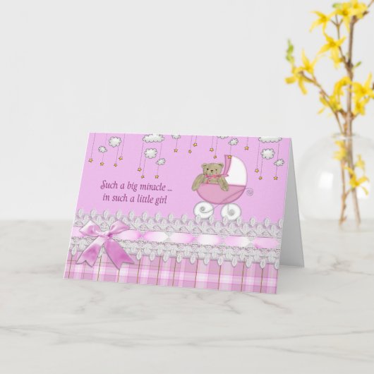 Meisje teddybeer in buggy kaart (Gele Bloem)