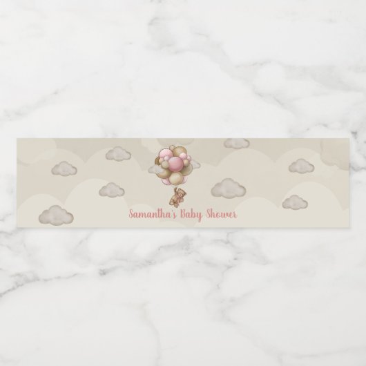 Meisje teddybeer roze ballonnen baby shower waterfles etiket (Enkel label)