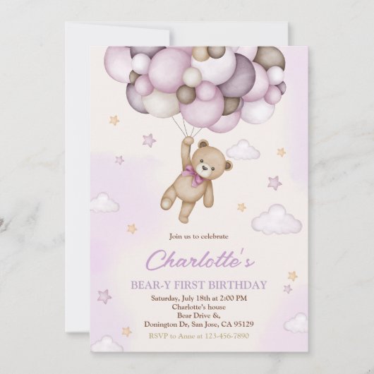 Meisje Teddybeer Roze Bruine Ballonnen 1e Verjaard Kaart (Voorkant)