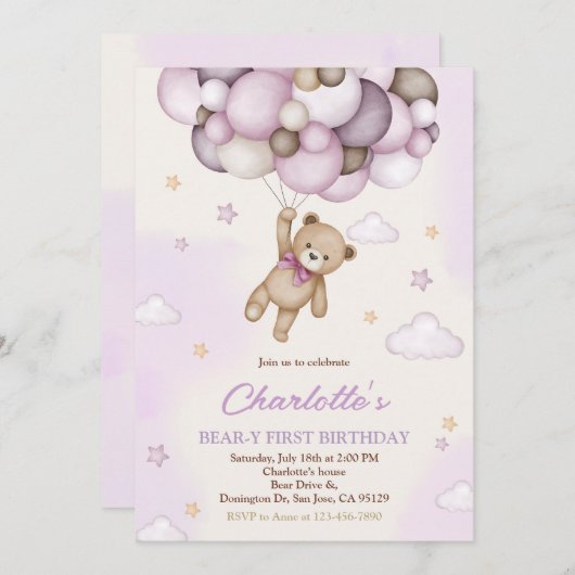 Meisje Teddybeer Roze Bruine Ballonnen 1e Verjaard Kaart (Voorkant / Achterkant)