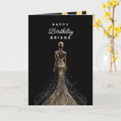 Meisje terug sprankelende gouden avond jurk verjaa kaart (Gele Bloem)