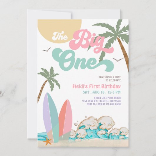 Meisje The Big One Surfen 1e Verjaardagsfeestje Kaart (Voorkant)