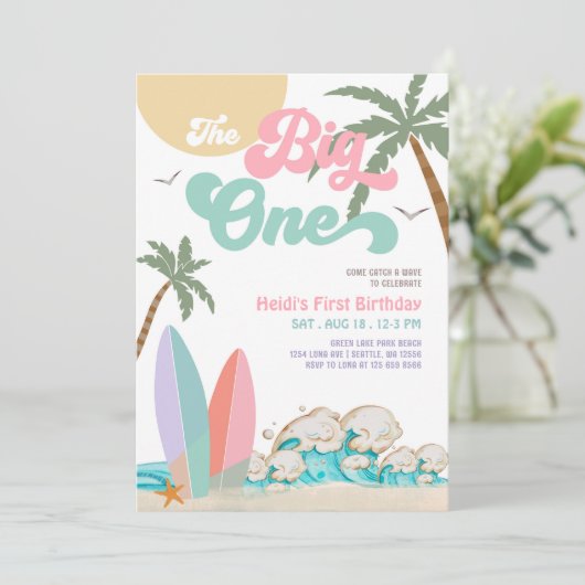 Meisje The Big One Surfen 1e Verjaardagsfeestje Kaart (Staand voorkant)