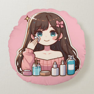 Meisje toepassen skincare schattige anime art rond kussen