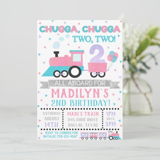 Meisje trein uitnodiging, Chugga twee twee Kaart (Staand voorkant)