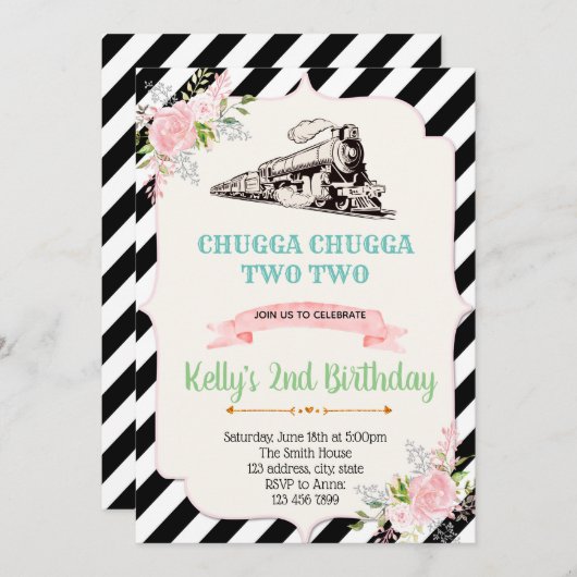 Meisje trein verjaardagsfeestje uitnodiging (Voorkant / Achterkant)