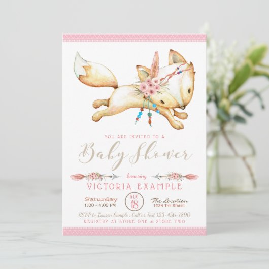 Meisje Tribal Fox Baby Shower Uitnodigingen (Staand voorkant)