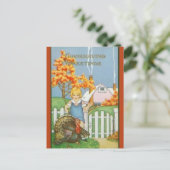  Meisje Turkije en Roze Huis Thanksgiving Briefkaart (Staand voorkant)