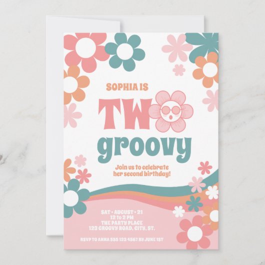 Meisje Twee Groovy 2de Verjaardagsuitnodiging Kaart (Voorkant)