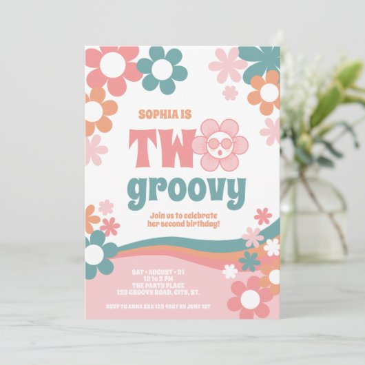 Meisje Twee Groovy 2de Verjaardagsuitnodiging Kaart (Staand voorkant)