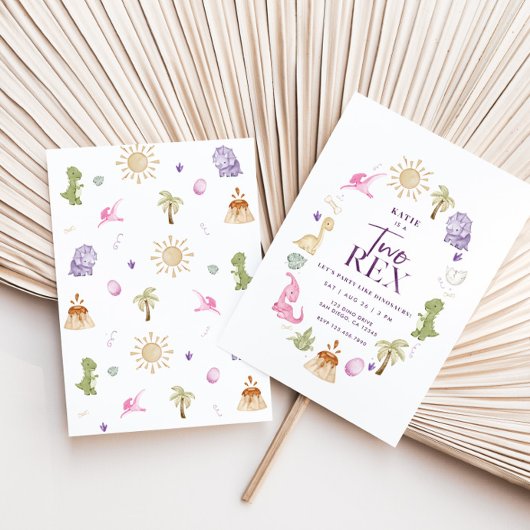 Meisje Twee Rex Dinosaurus 2e Verjaardag uitnodigi Kaart